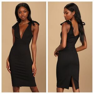 NWT Lulus Date Night Done Right Black Tie-Strap‎ Bodycon Midi Dress Black XS